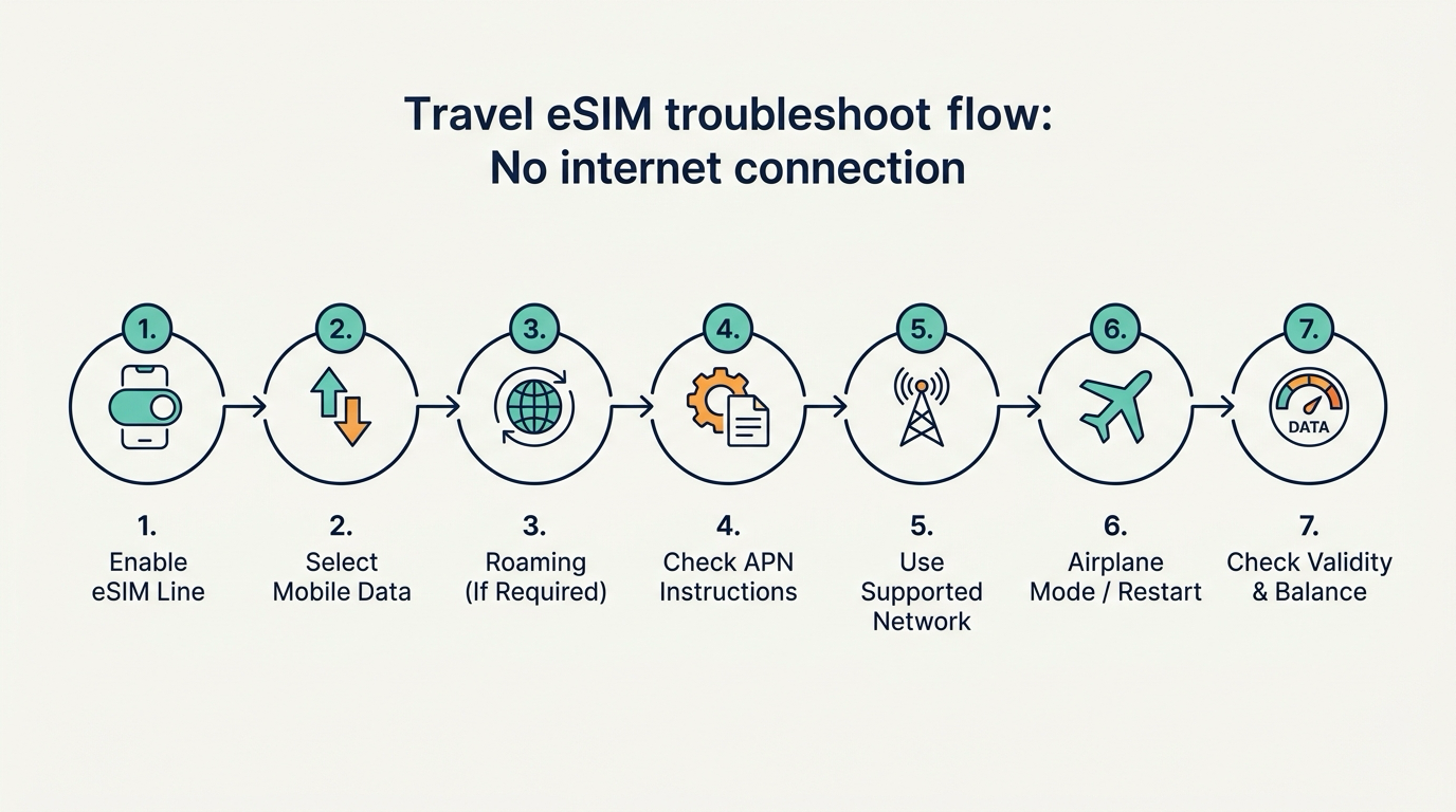 Troubleshooting flowchart for a travel eSIM that is installed but has no internet, covering mobile data, roaming, APN, supported networks, and plan status