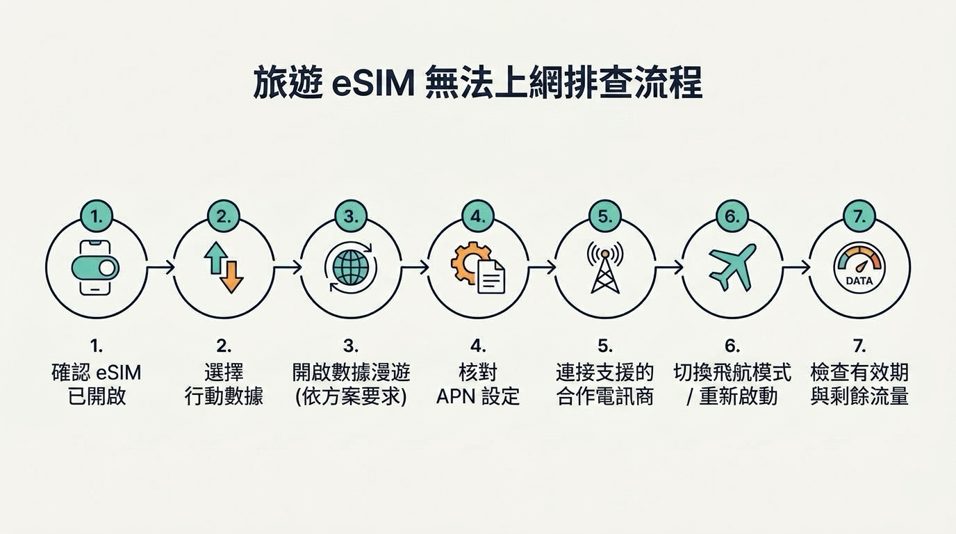旅行 eSIM 已安裝但無法上網時的排查流程圖，包括行動數據、漫遊設定、APN、合作電訊商與方案狀態檢查